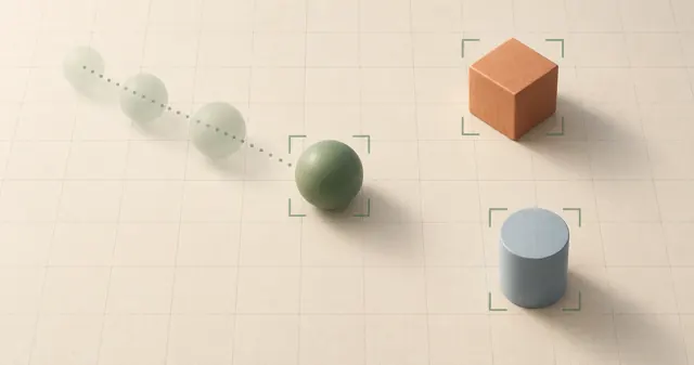 AI-generated educational illustration of a sphere, cube and cylinder viewed from above, with object-tracking outlines and a motion trail.