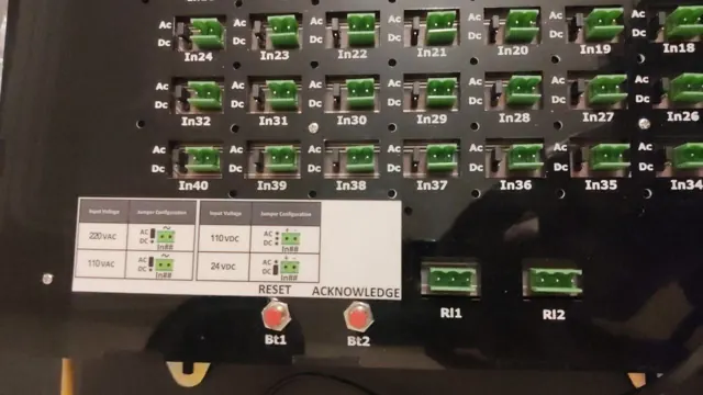 Alarm input panel with AC/DC configuration jumpers and reset/acknowledge controls.