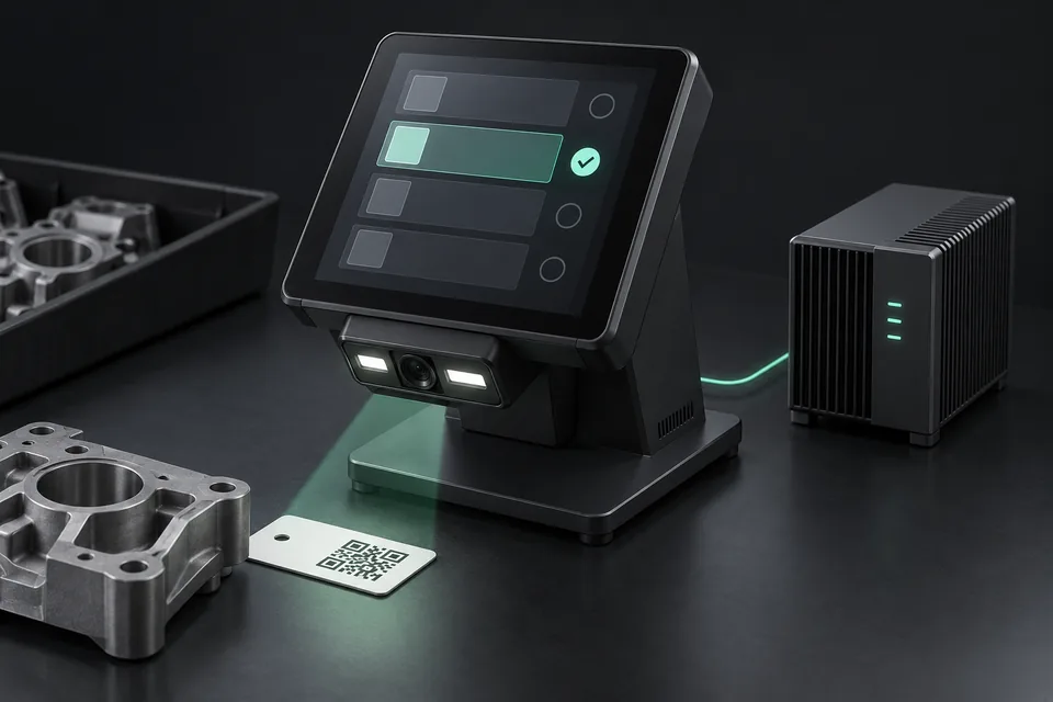 Concept illustration of a camera-equipped QR terminal, a manufacturing tag and local record server.