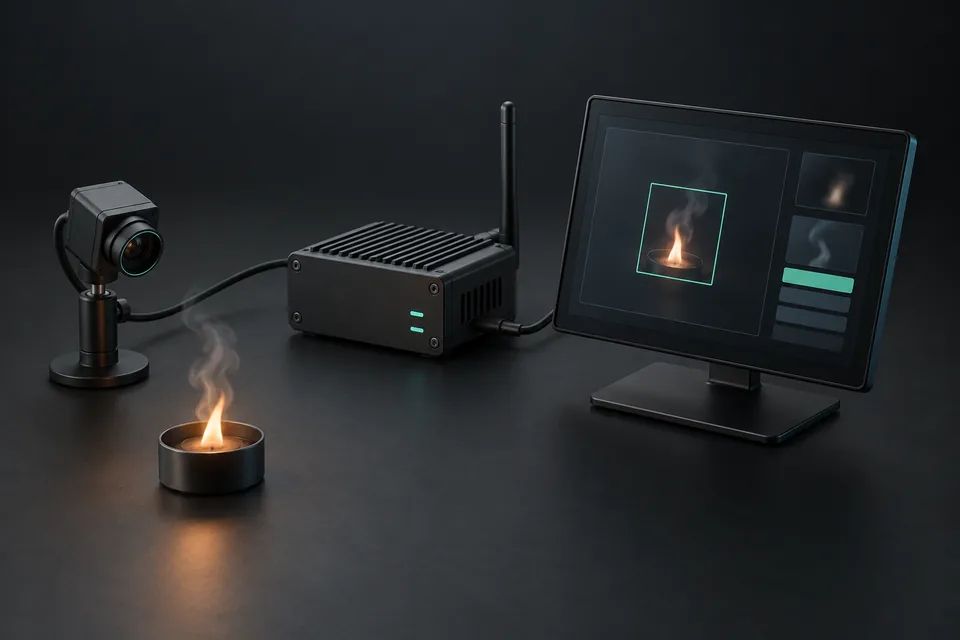 Concept illustration of a camera, embedded vision controller and a display identifying a small flame and smoke region.