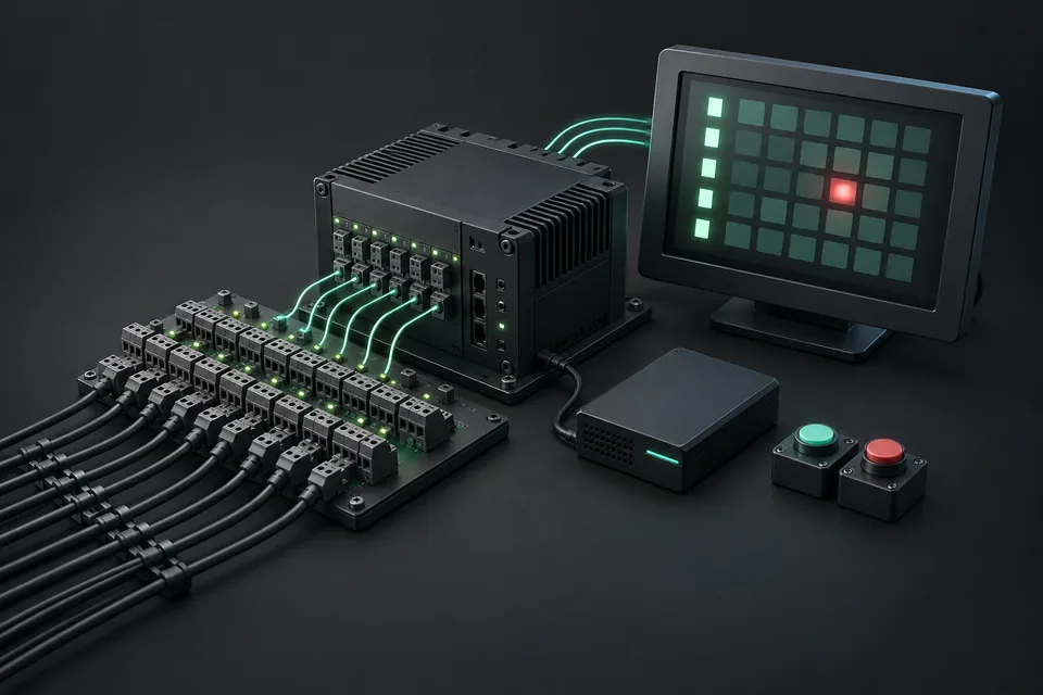 Concept illustration of alarm input connectors, an embedded controller and an operator status display.