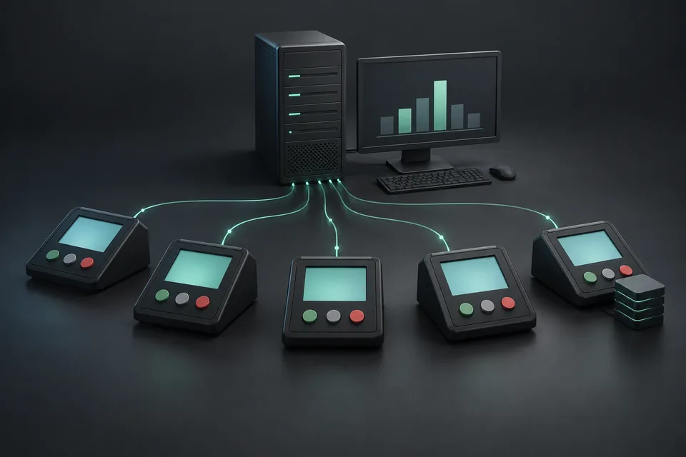 Concept illustration of five input terminals connected to a server and an abstract reporting display.