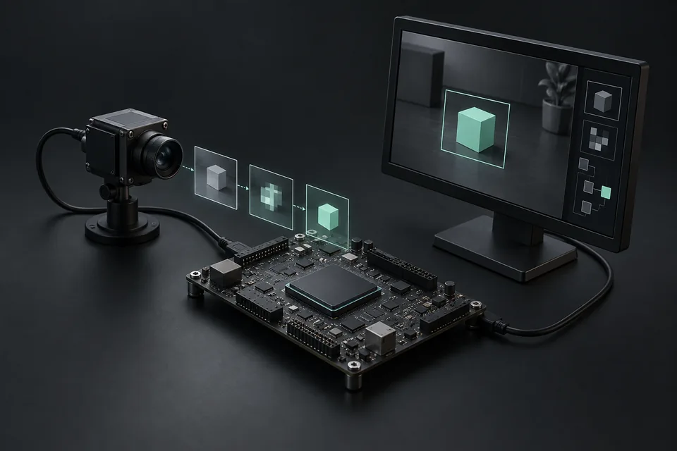 Concept illustration of a camera-to-FPGA vision pipeline and an outlined object on a display.